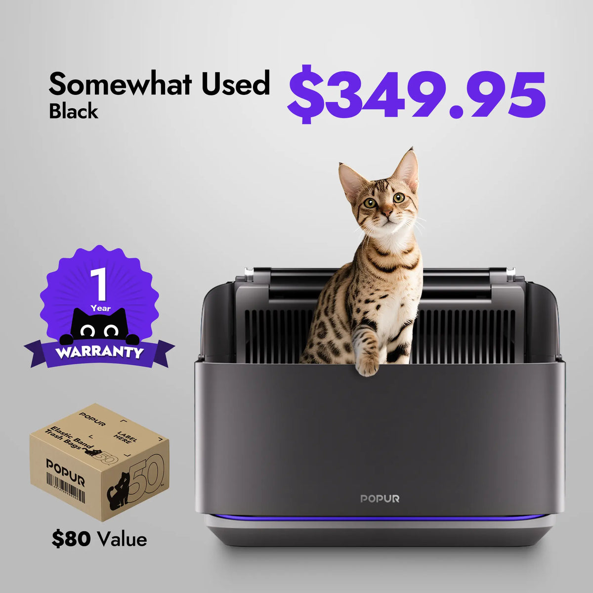 Pre-owned Popur S7 SLS in somewhat used condition, black, at $349.95 with a one-year warranty and complimentary trash bags