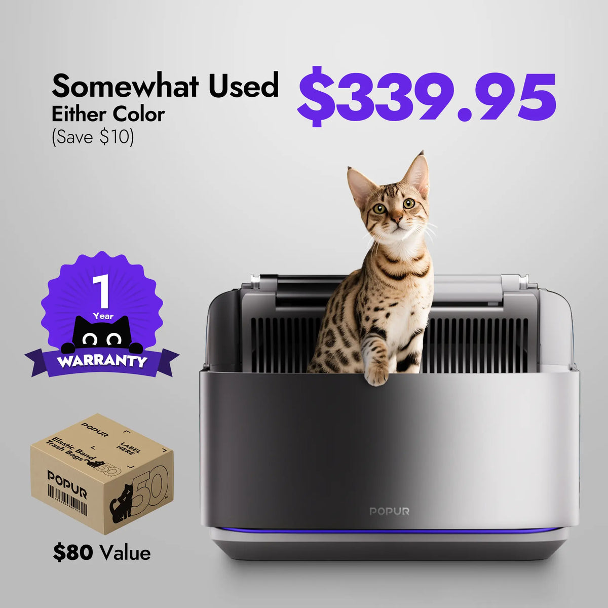 Pre-owned Popur S7 SLS in somewhat used condition, either color option, at $339.95 with a one-year warranty and complimentary trash bags