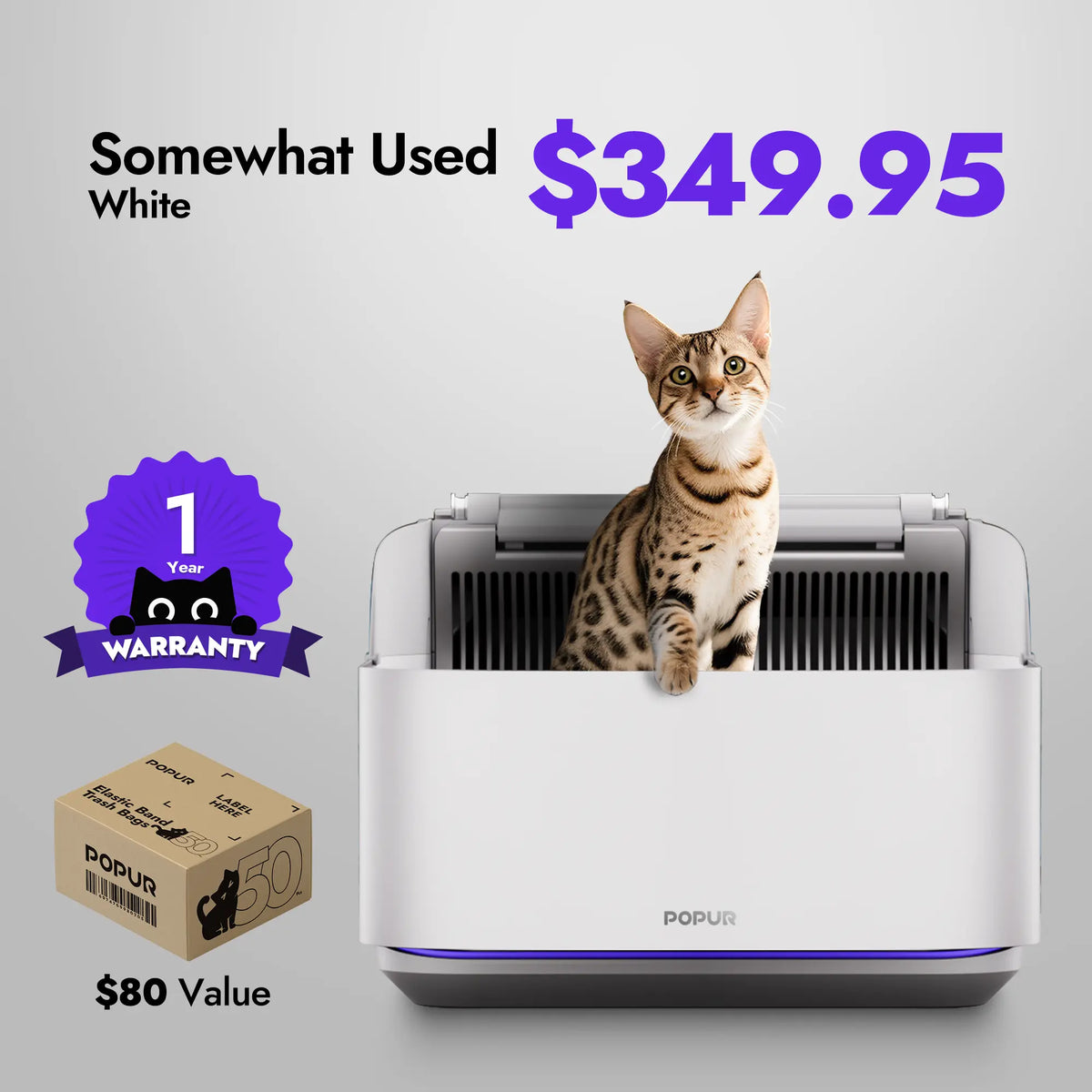 Pre-owned Popur S7 SLS in somewhat used condition, white, at $349.95 with a one-year warranty and complimentary trash bags