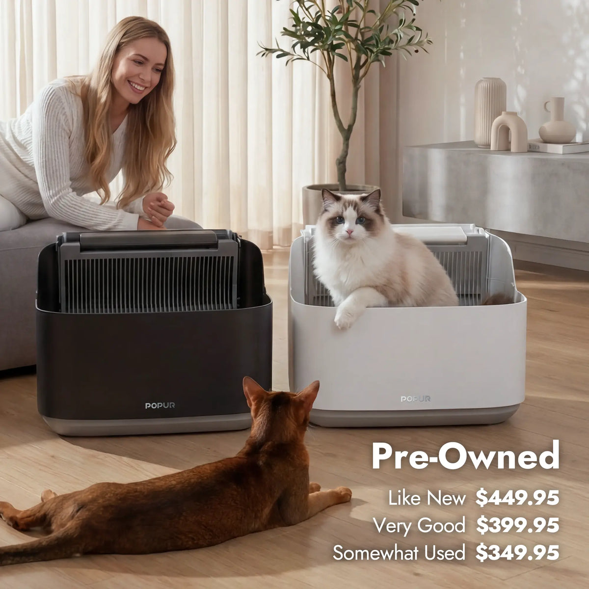 Pre-owned Popur S7 SLS in black and white with cats, featuring three conditions and tiered pricing